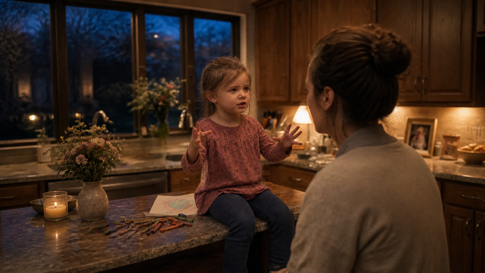 A home-video frame of a child telling a story